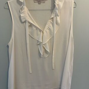 LOFT Cream Ruffle V-Neck Sleeveless Blouse